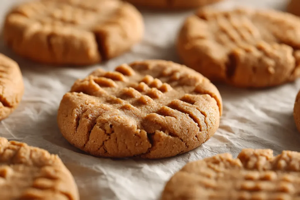 Fork crisscross pattern pressed into keto peanut butter cookie dough