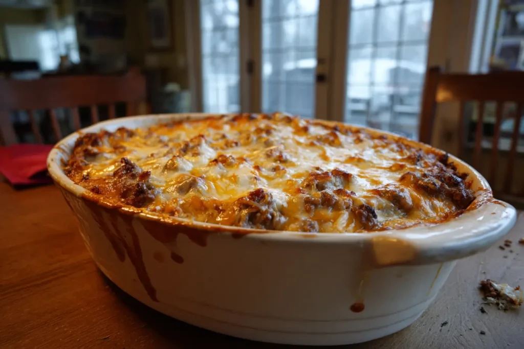 French onion ground beef casserole in a ceramic baking dish with melted cheese