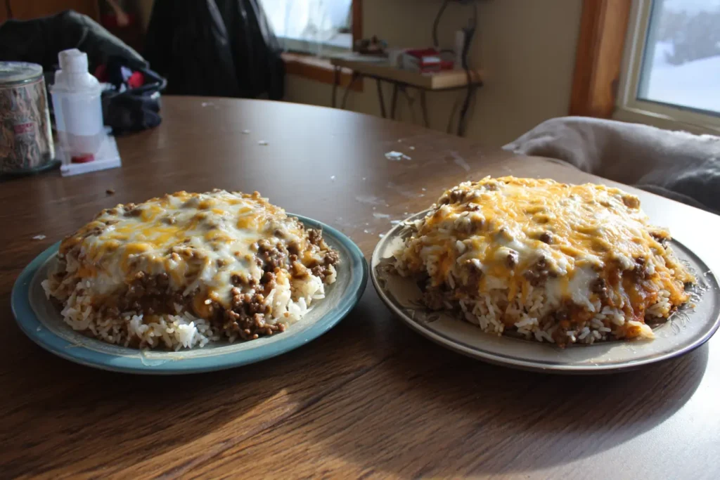 Two servings of French onion ground beef casserole side-by-side, with rice and without rice