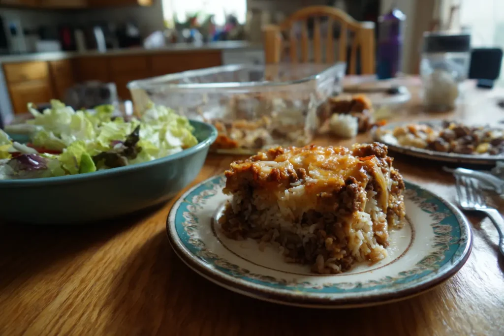 French onion ground beef casserole served with a simple green salad