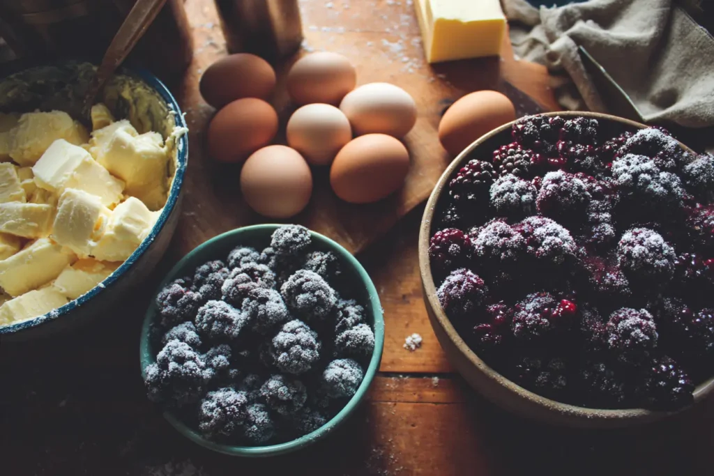 Fresh and frozen blackberries side by side with eggs and butter