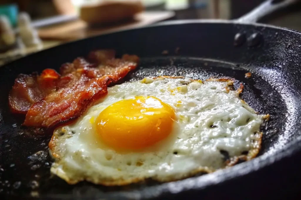Close-up of egg and bacon cooking in a skillet