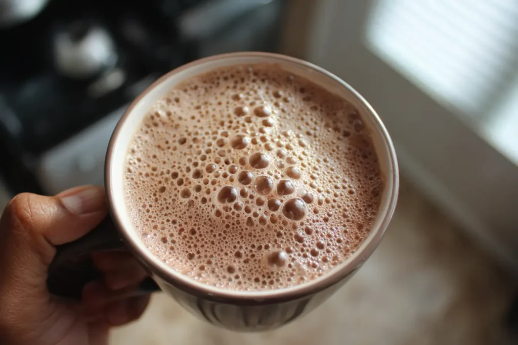 A hand using a milk frother in a mug of creamy coconut milk hot chocolate in a warm kitchen.