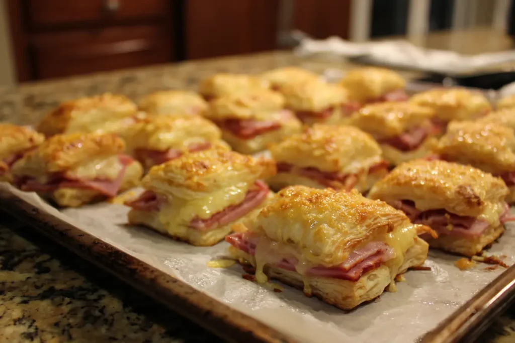 Unbaked ham and cheese puff pastry pieces on a tray in the freezer