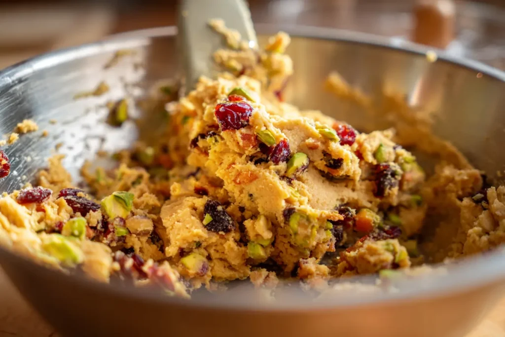 Close-up of thick fruit and nut biscotti dough with dried fruits and nuts in a mixing bowl