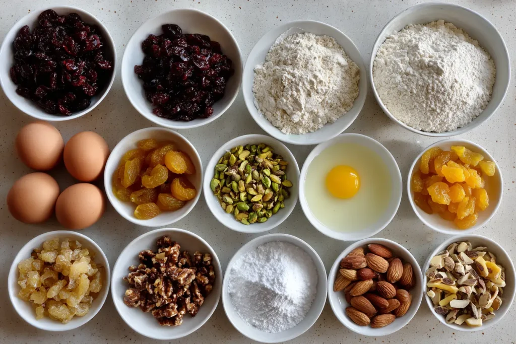 Overhead flat lay of ingredients for fruit and nut biscotti on a white counter