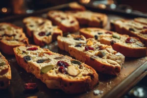 Fruit and nut biscotti slices laid flat on a baking tray before the second bake