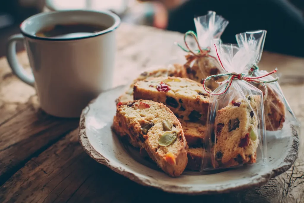 Fruit and nut biscotti on a plate with coffee and gift bags tied with ribbon