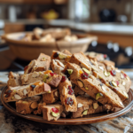 A large plate piled with crunchy fruit and nut biscotti slices