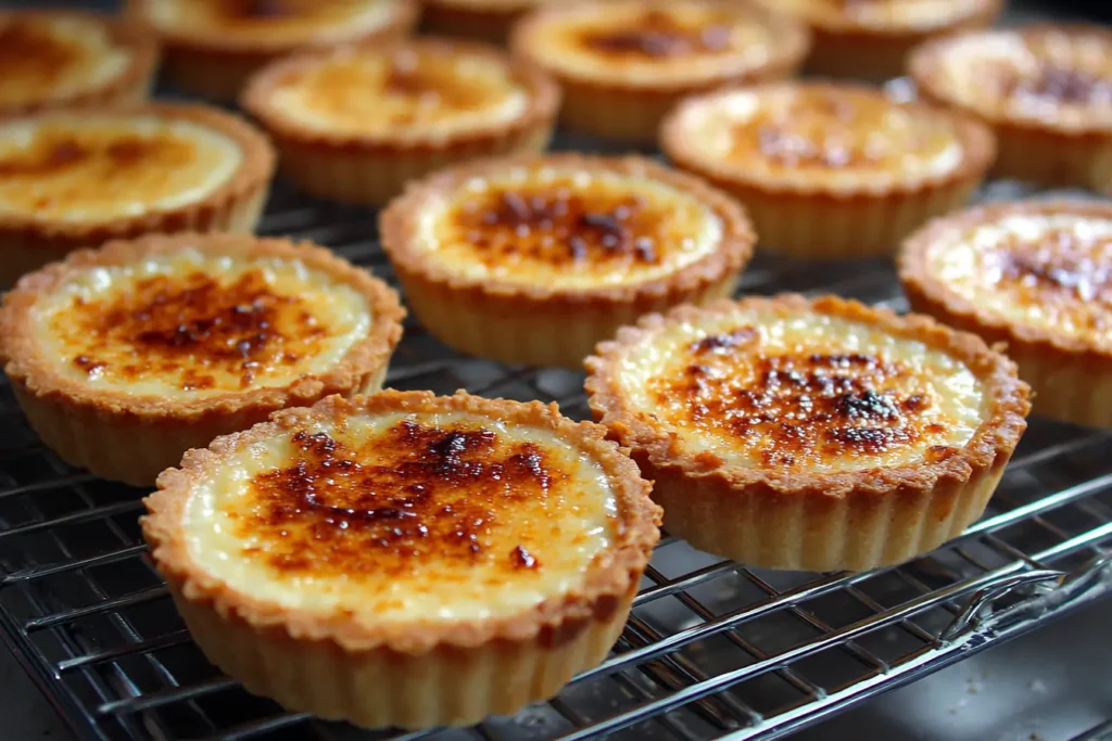 Golden baked tartlet shells cooling on a wire rack with crumbs on the counter