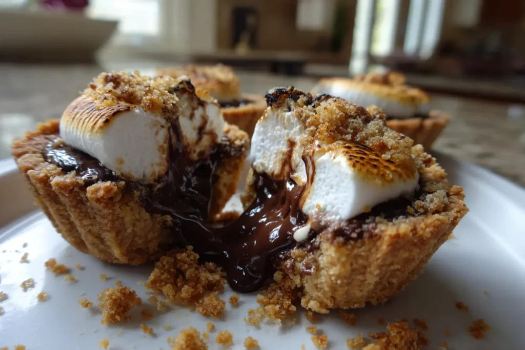 Gooey mini smores pie pulled apart showing melted chocolate center and toasted marshmallow top