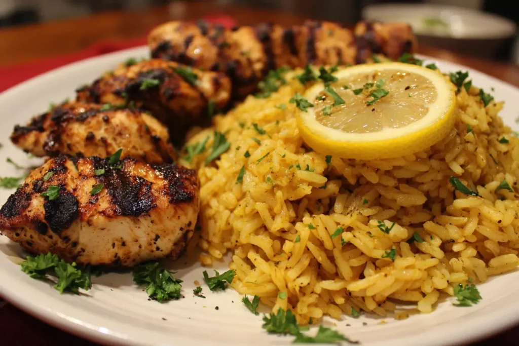 Greek rice recipe with fluffy lemon rice, olive oil, parsley, and a lemon wedge