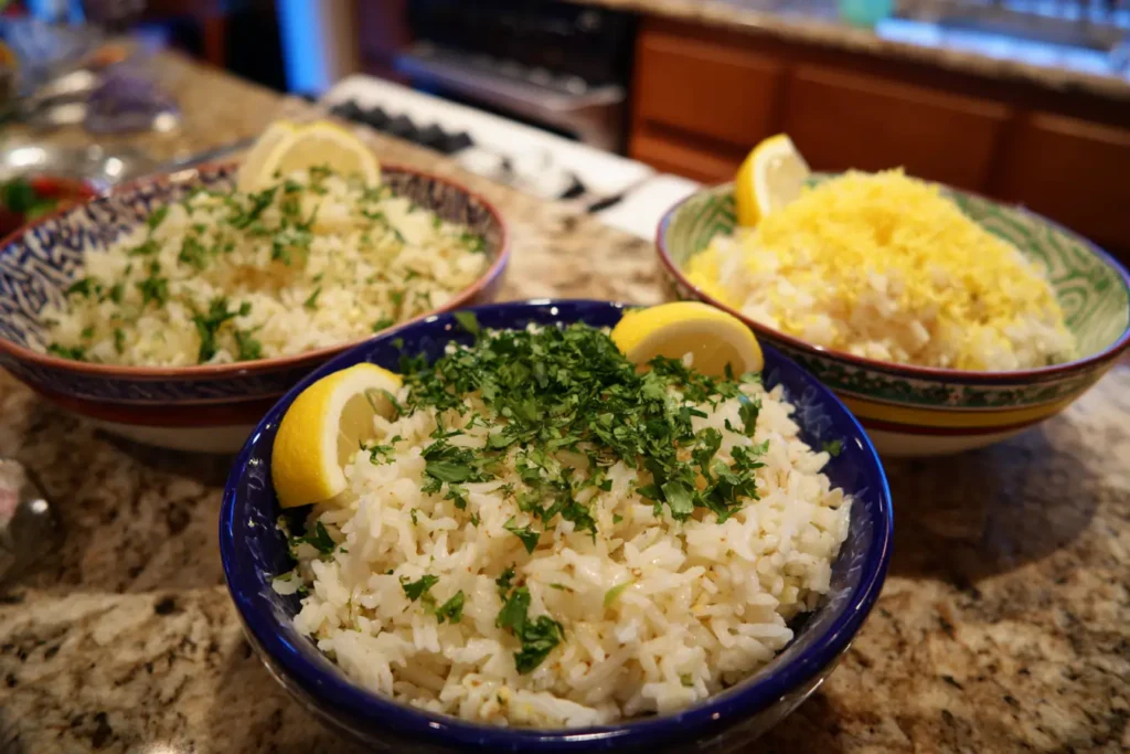 Greek rice recipe shown in three bowls with mild, classic, and bold lemon flavor