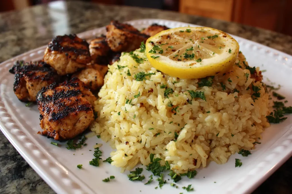 Greek rice recipe served with grilled chicken, lemon slice, and parsley on a plate