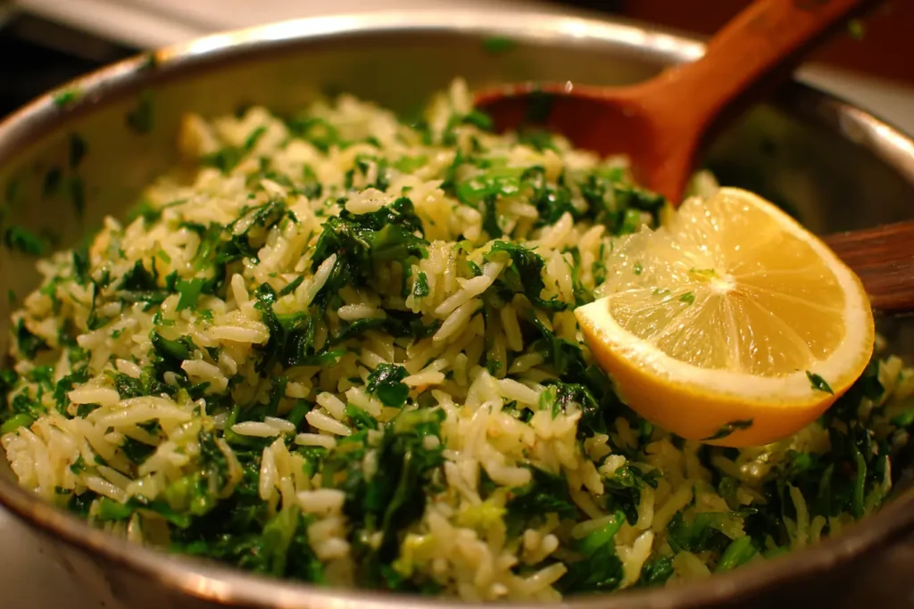 Greek rice recipe mixed with spinach and herbs in a large bowl with lemon and olive oil