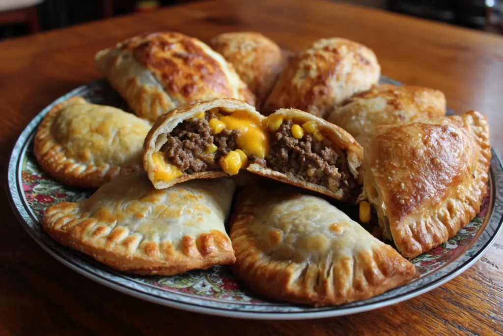 Plate of ground beef hand pies cut open to show classic, cheeseburger, taco, and jalapeño fillings