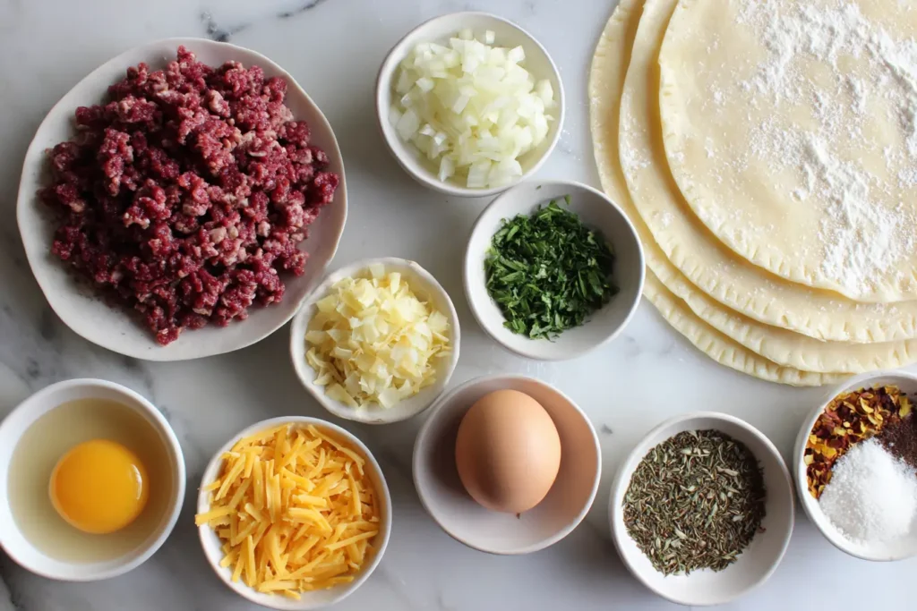 Overhead view of ground beef hand pie ingredients arranged on a white kitchen counter