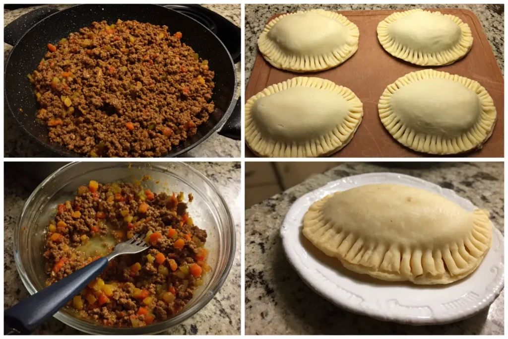 Collage showing cooked beef filling, dough rounds, and a hand pie being filled and crimped