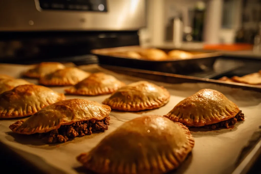 Ground beef hand pies on a parchment-lined baking sheet with an air fryer basket in the background