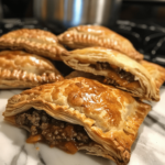Ground beef hand pies with flaky golden crust on a baking sheet