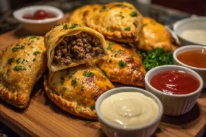 Serving board filled with golden ground beef hand pies and assorted dipping sauces