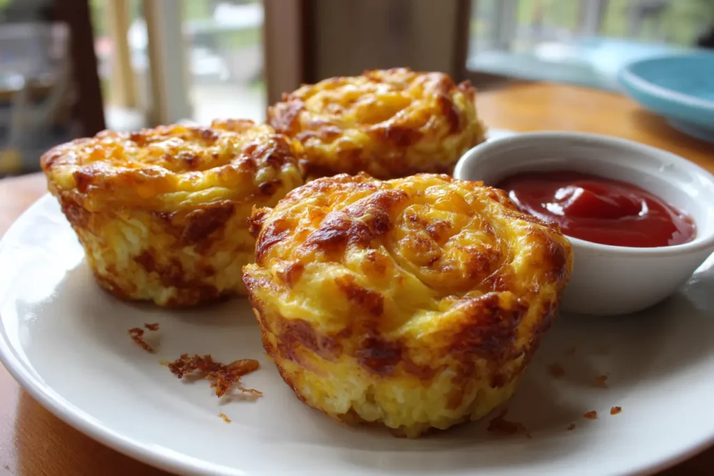 Ham and cheddar pinwheel egg cups on a plate with ketchup dip