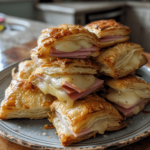 Golden ham and cheese puff pastry bites stacked on a plate