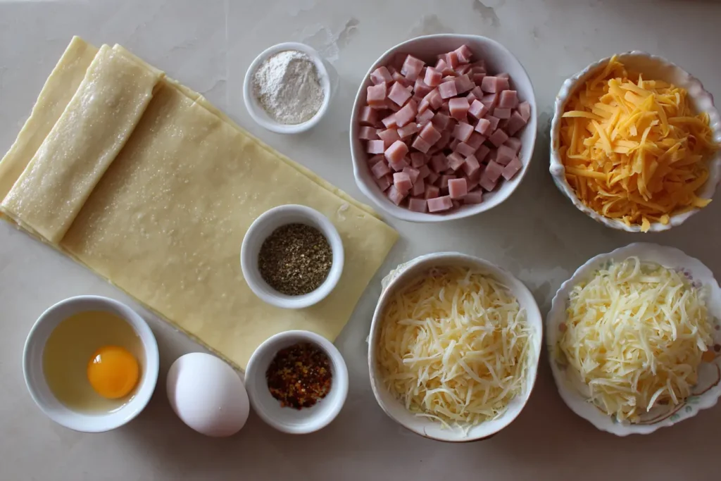 Flat lay of ingredients for ham and cheese puff pastry on a white counter