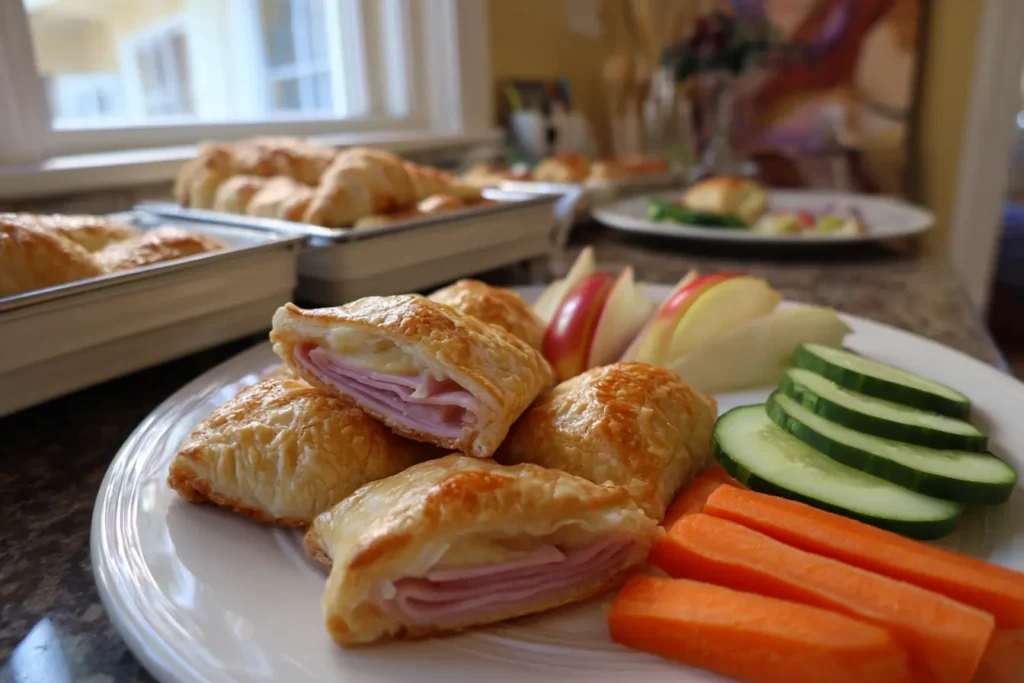 Lunchbox packed with ham and cheese puff pastry pockets, fruit, and veggie sticks