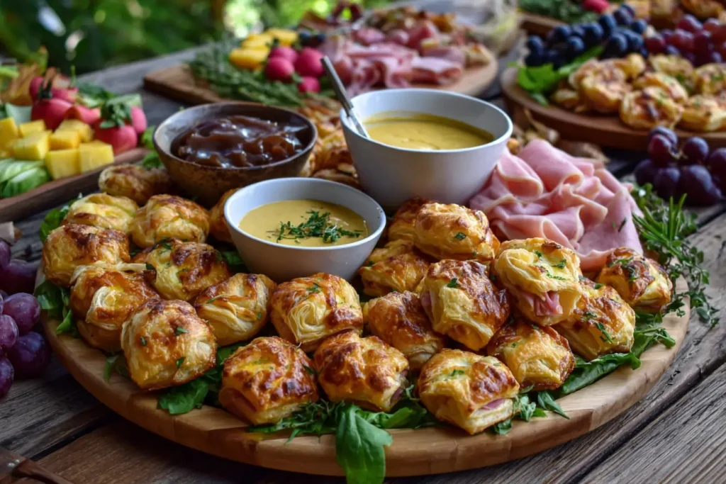 Ham and cheese puff pastry bites on a wooden board with mustard dips and fruit