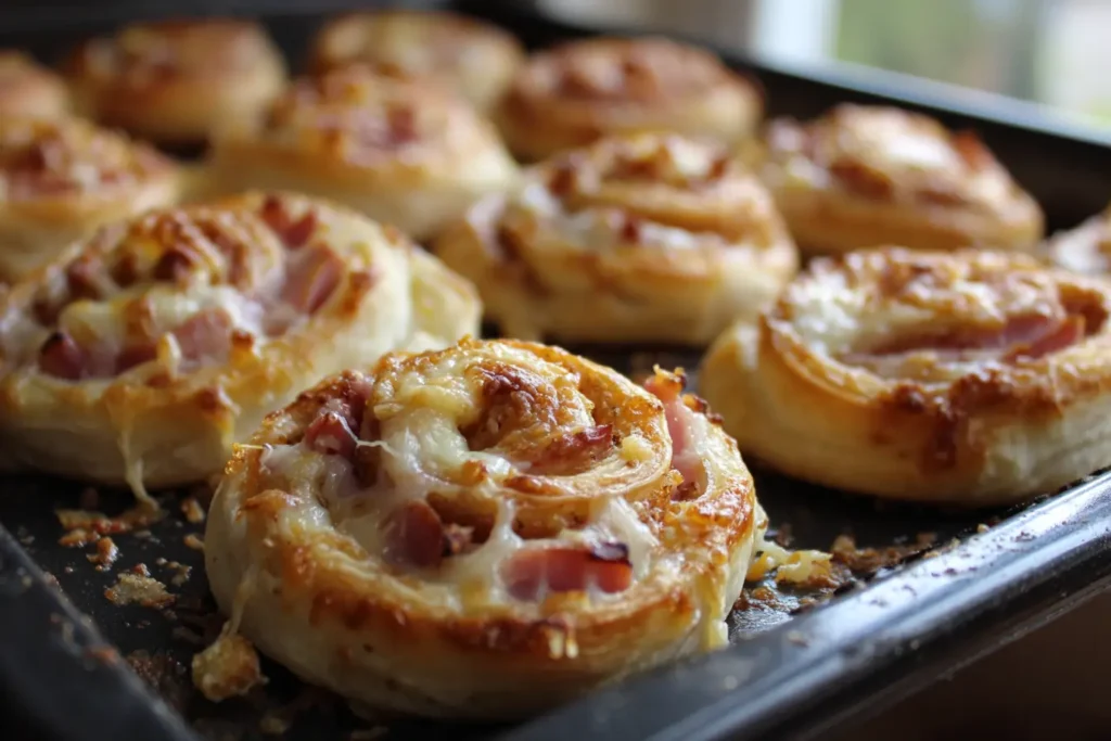 Golden ham and cheese puff pastry pinwheels on a baking tray