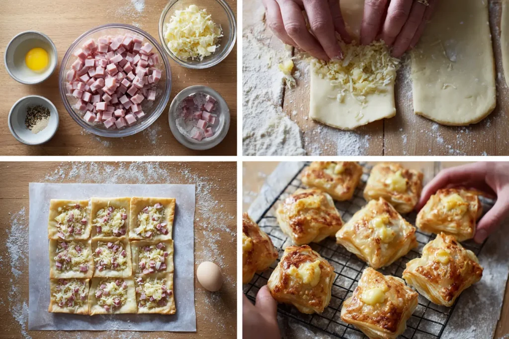 Four-step collage showing how to make ham and cheese puff pastry from ingredients to baked bites