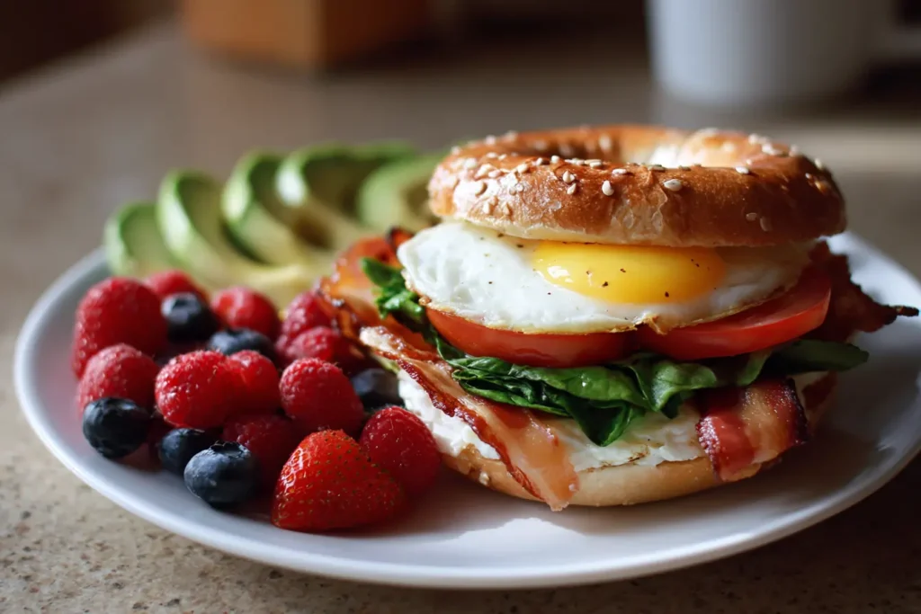 Whole wheat bagel breakfast sandwich with berries and yogurt