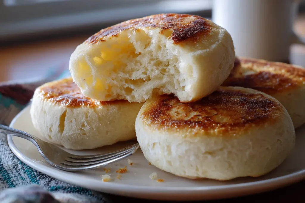 Homemade buttermilk English muffins split open showing nooks and crannies