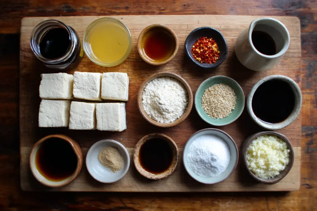 Overhead flat lay of ingredients for honey garlic tofu on a wooden table