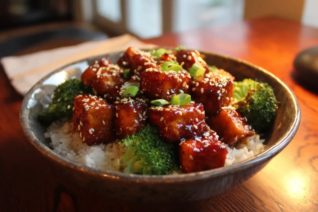 Honey garlic tofu served over rice with broccoli and scallions in a bowl