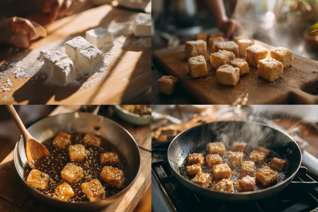 Four-step visual sequence showing how to cook crispy honey garlic tofu