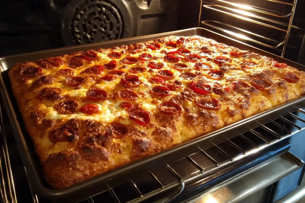 Upside-down hot sheet pan preheating under a focaccia pan for a crisp bottom