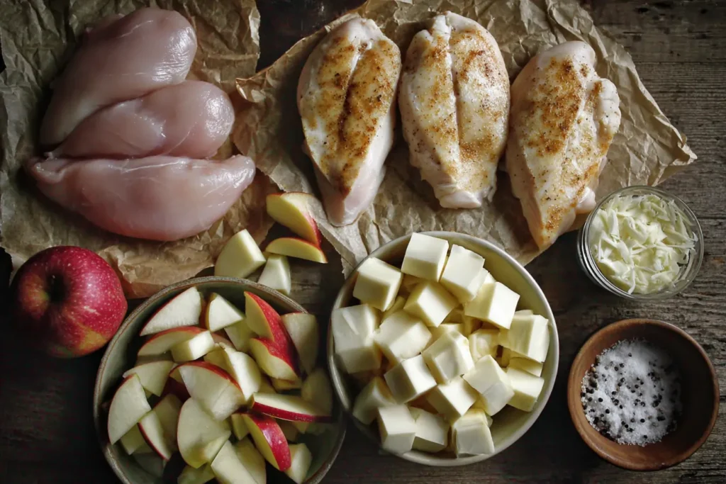 Ingredients for apple and brie stuffed chicken breast on a wooden table