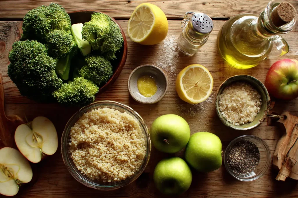 Flat lay of broccoli apple quinoa salad ingredients on a wooden table