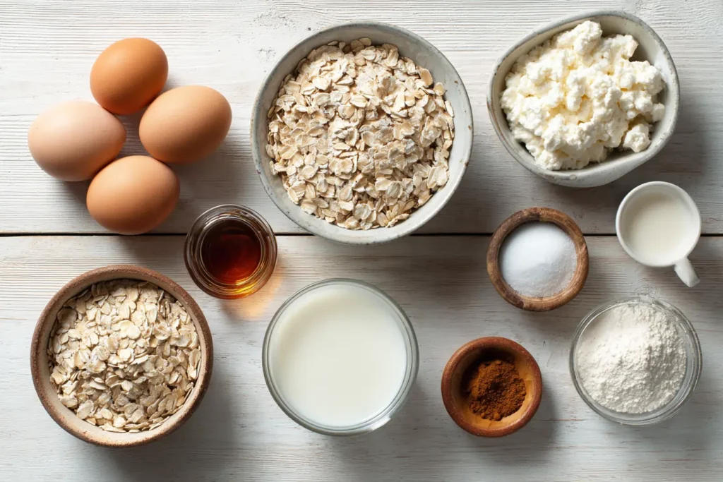Overhead flat lay of ingredients for Cinnamon Cottage Cheese Oatmeal Bake including oats, cottage cheese, eggs, milk, cinnamon, maple syrup, vanilla, and baking powder