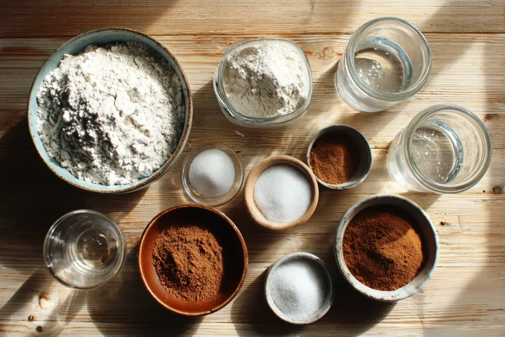 Flat lay of ingredients for cinnamon sugar swirl sourdough bread on a wooden table