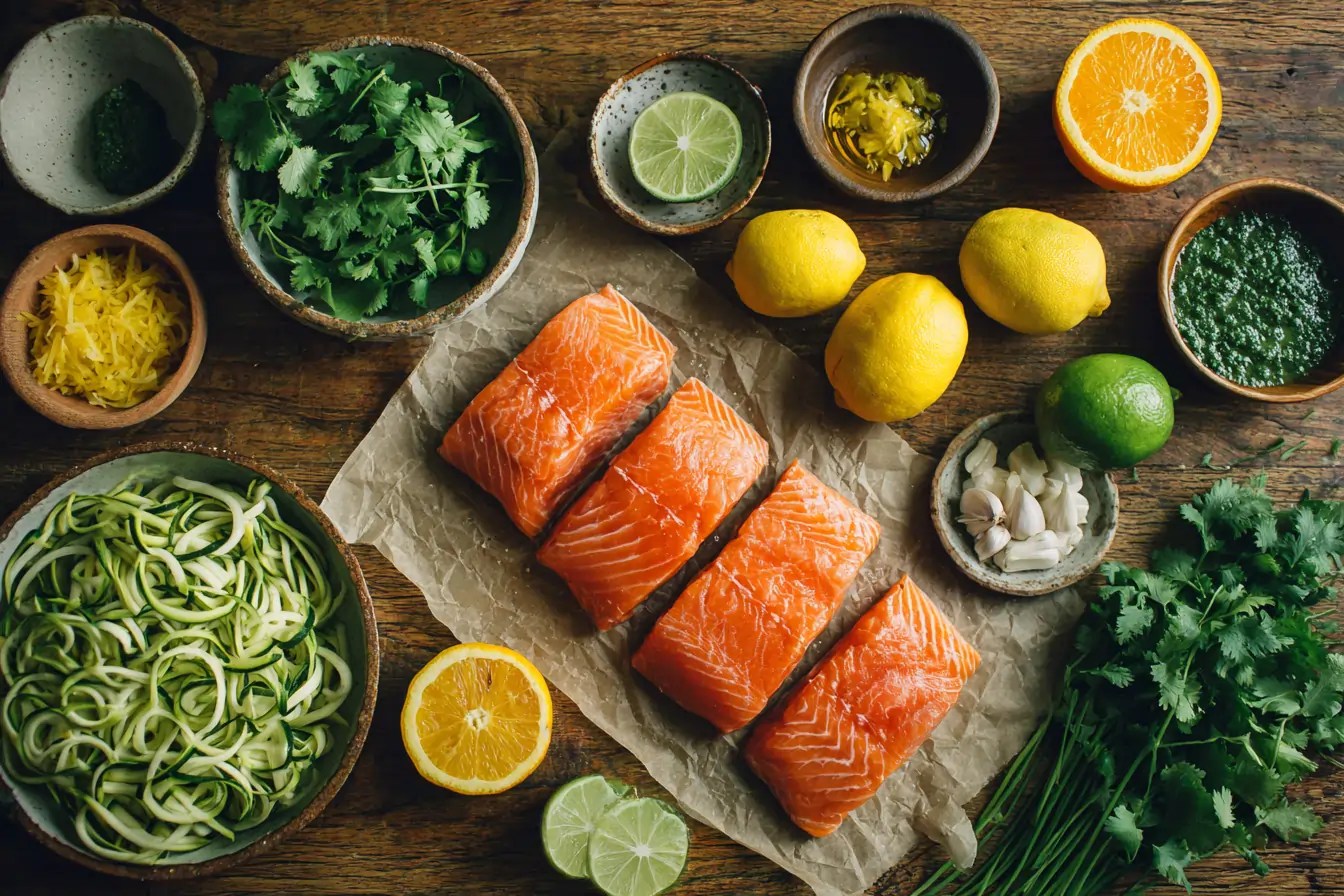 Flat lay of ingredients for citrusy salmon packets with zoodles and cilantro chutney