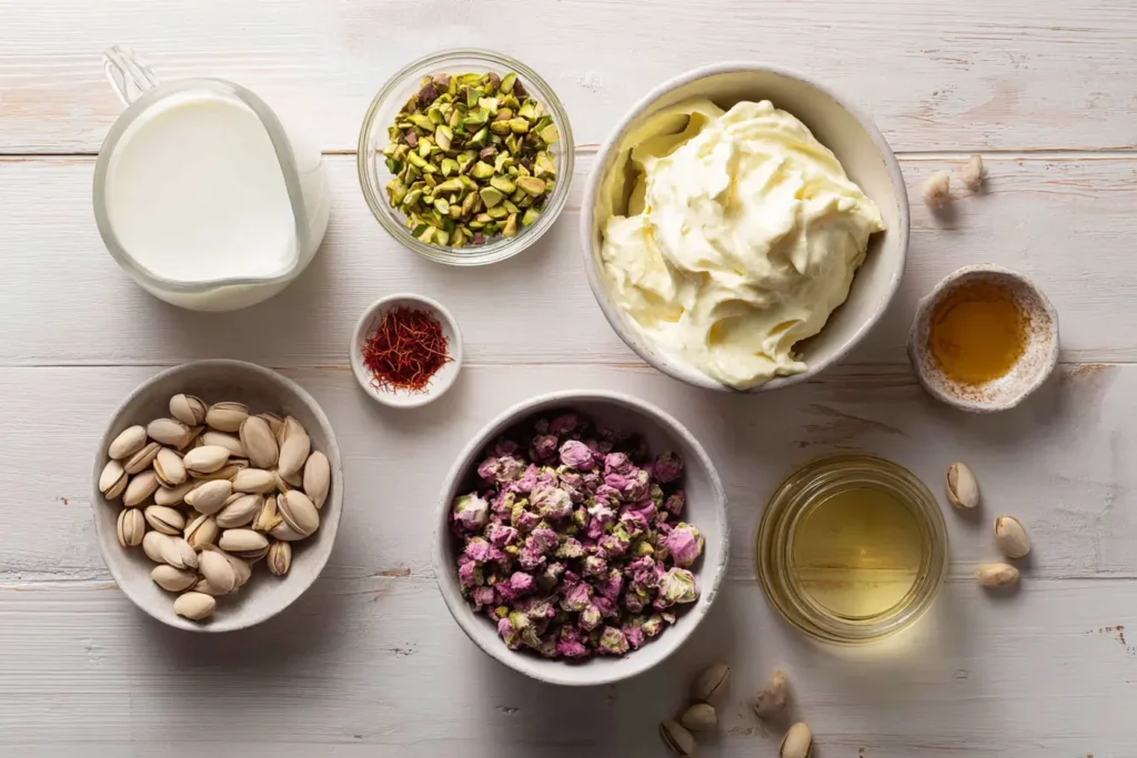 Ingredients for creamy rose pistachio ice cream on a wooden table