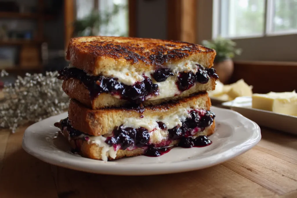 Ingredients for crispy blueberry grilled cheese on a wooden table