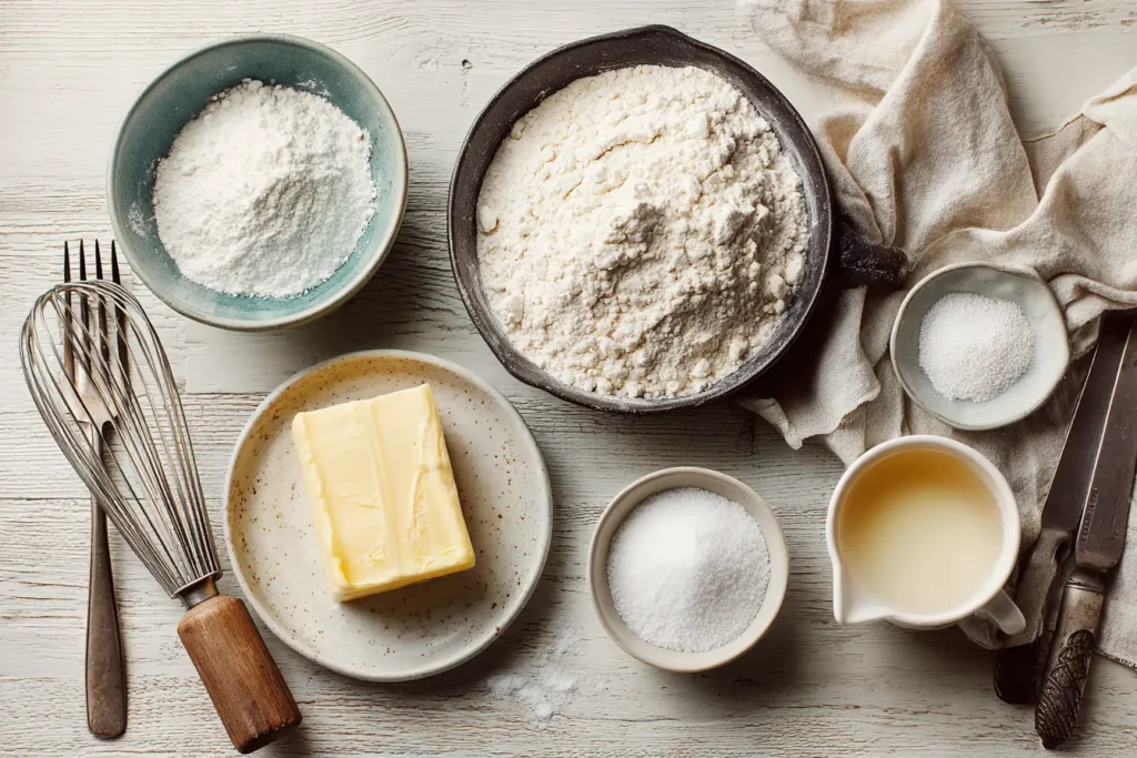 Ingredients for homemade buttermilk English muffins laid out on a table