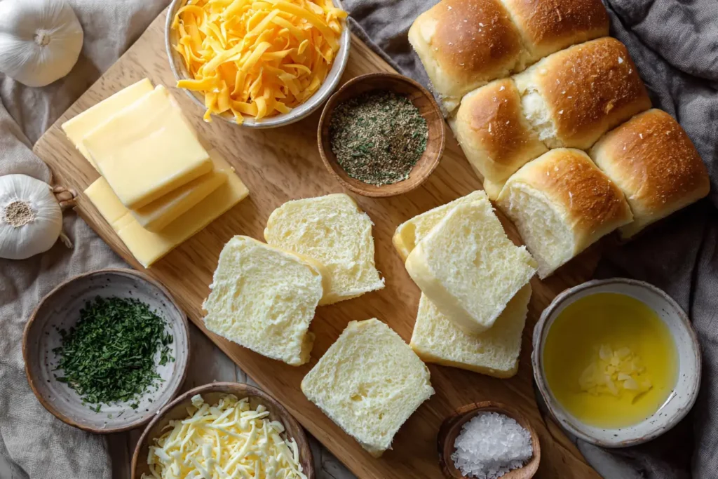 Ingredients for mini grilled cheese Hawaiian rolls on a wooden table with rolls, cheese, and melted butter