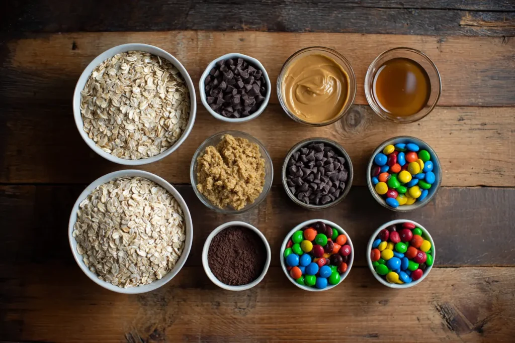 Ingredients for monster cookie protein balls in small bowls