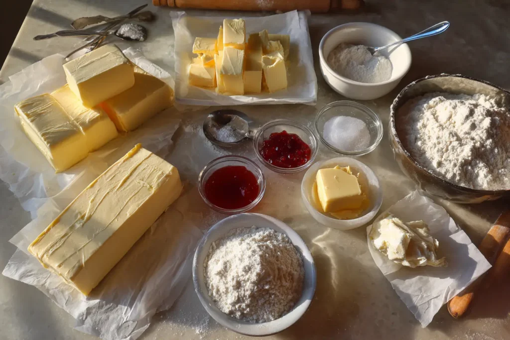Overhead flat lay of cream cheese, butter, flour, salt, thick filling, and powdered sugar for Polish kolaczki