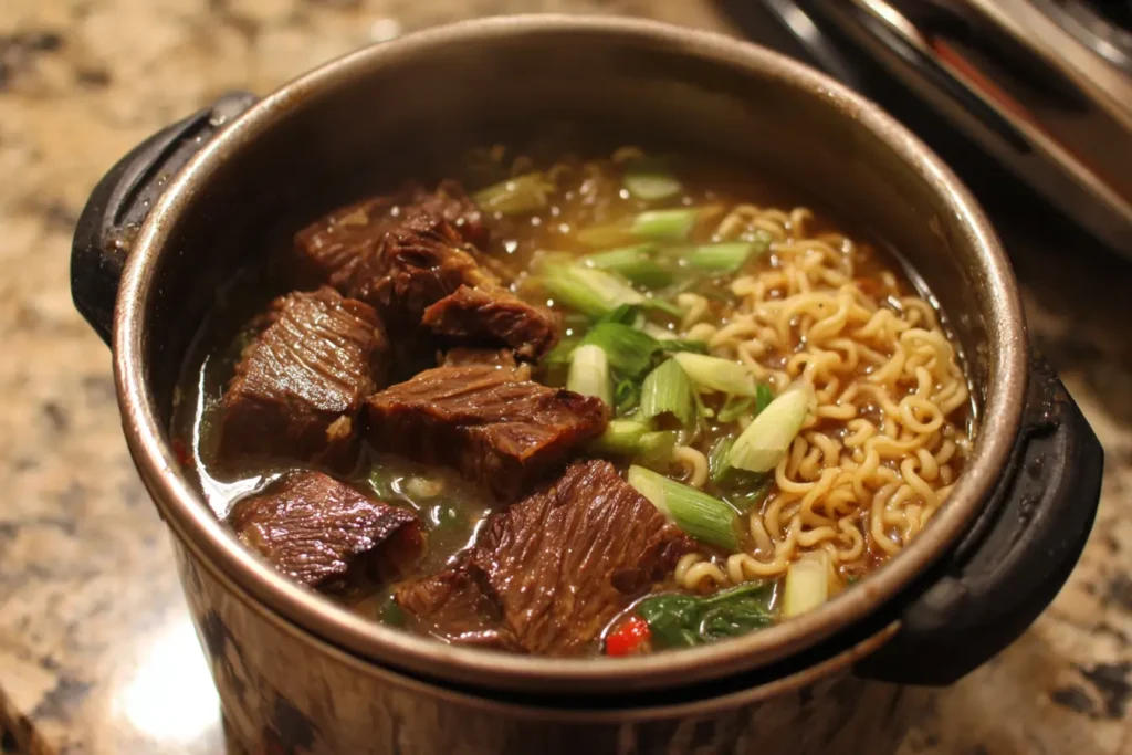 Instant Pot on a kitchen counter with braised beef and miso broth inside for spicy miso braised beef ramen